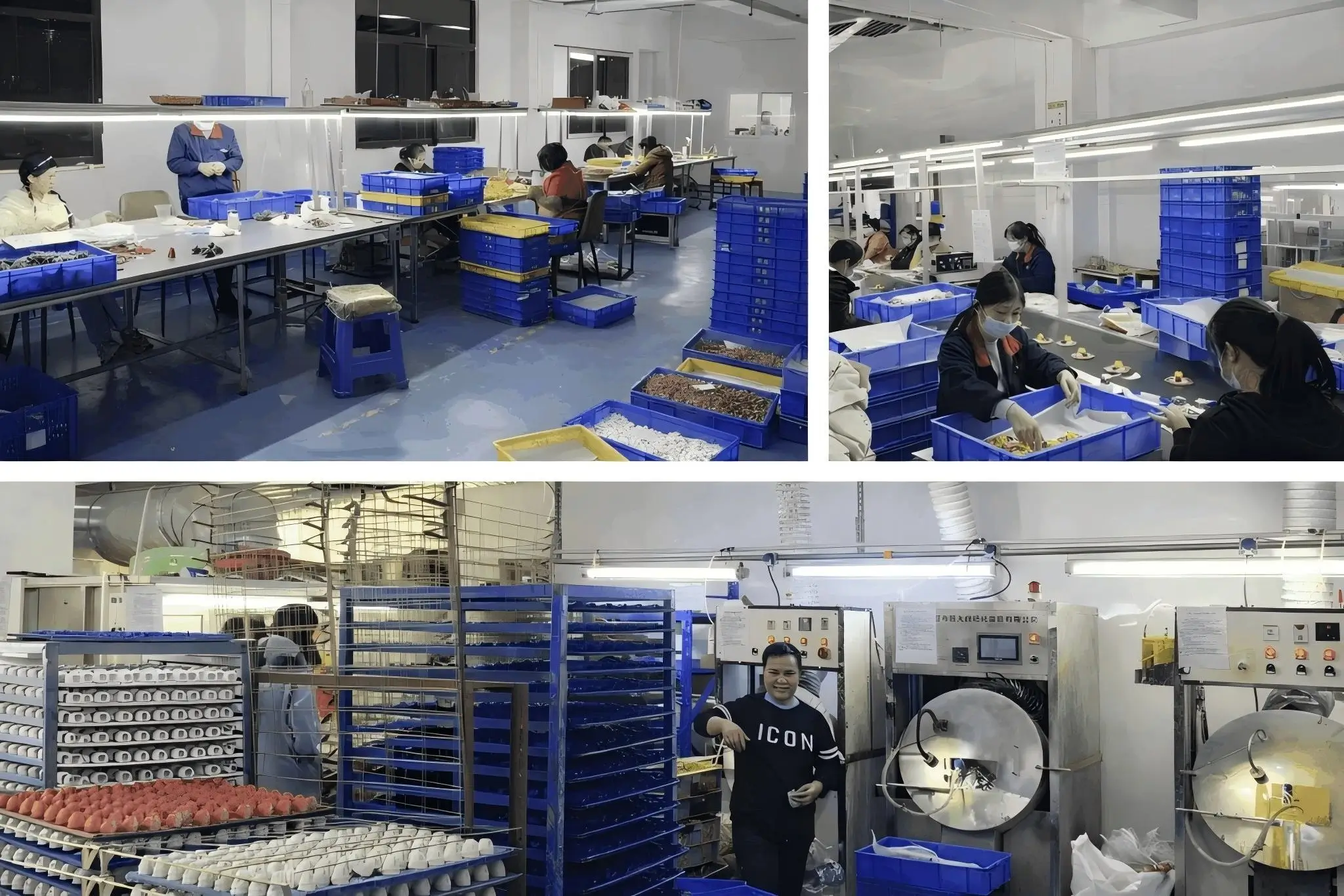 KingDa toy factory assembly workshop – workers hand-painting and assembling vinyl toy figures in dustless environment