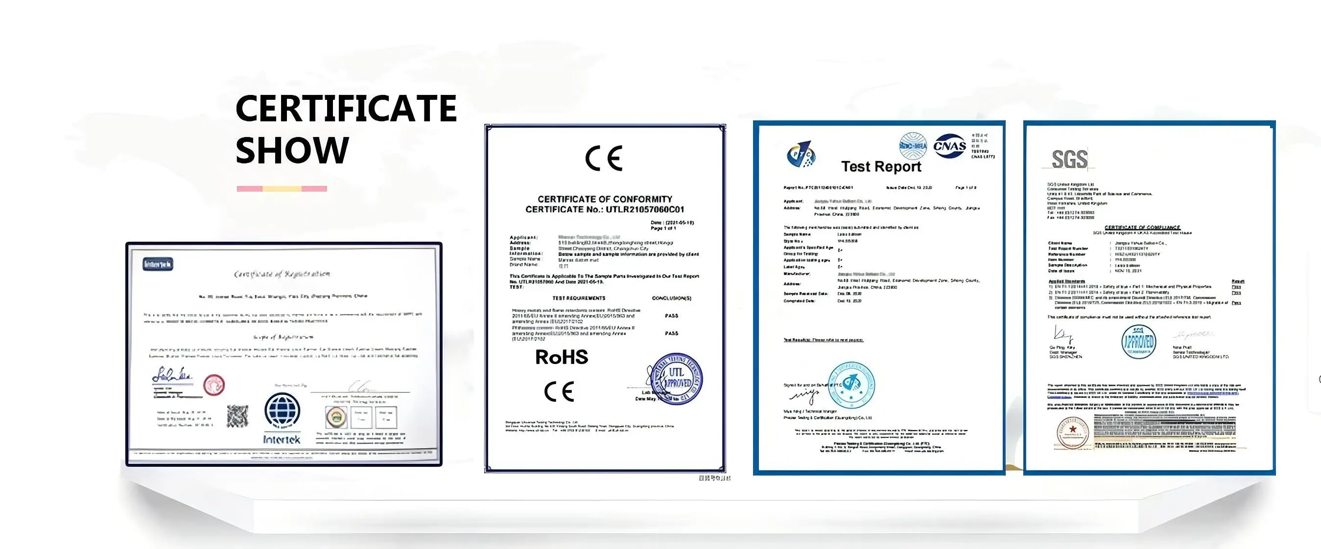 Product safety certificates – Intertek registration, CE certificate of conformity, CNAS test report, and SGS compliance report