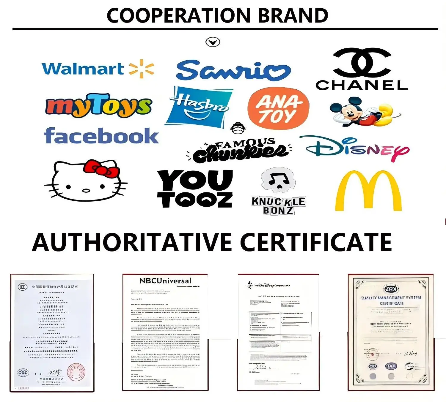 KingDa cooperation brands – Walmart, Disney, Sanrio, Hasbro, McDonald's – and authoritative certificates including 3C, NBCU, Disney, ISO9001