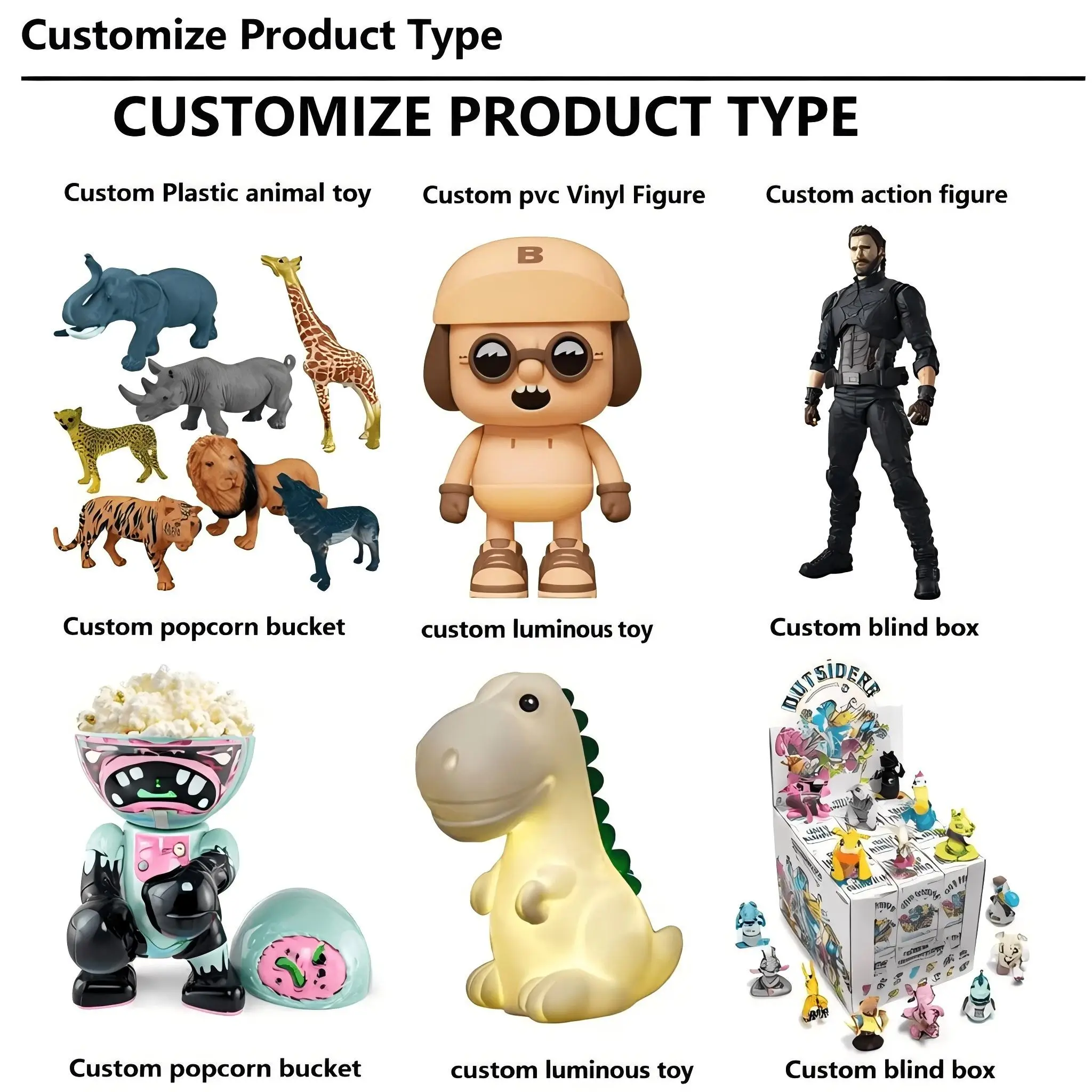 Custom toy product types – plastic animal toys, PVC vinyl figures, action figures, popcorn buckets, luminous toys, blind boxes