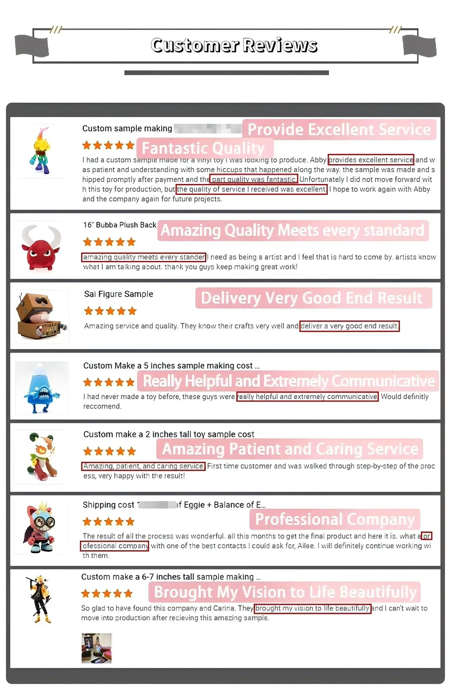 KingDa customer reviews – five-star ratings praising excellent service, fantastic quality, and great communication