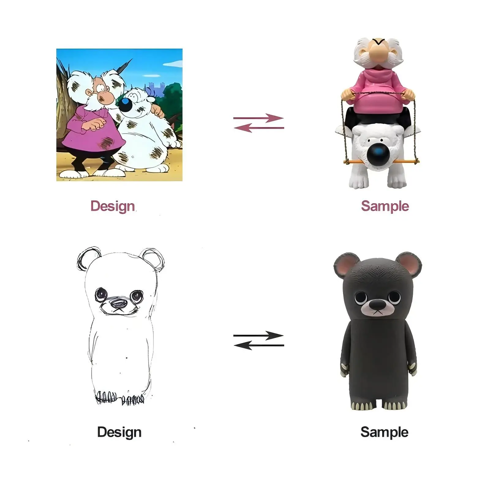 Original character design compared to finished custom toy sample
