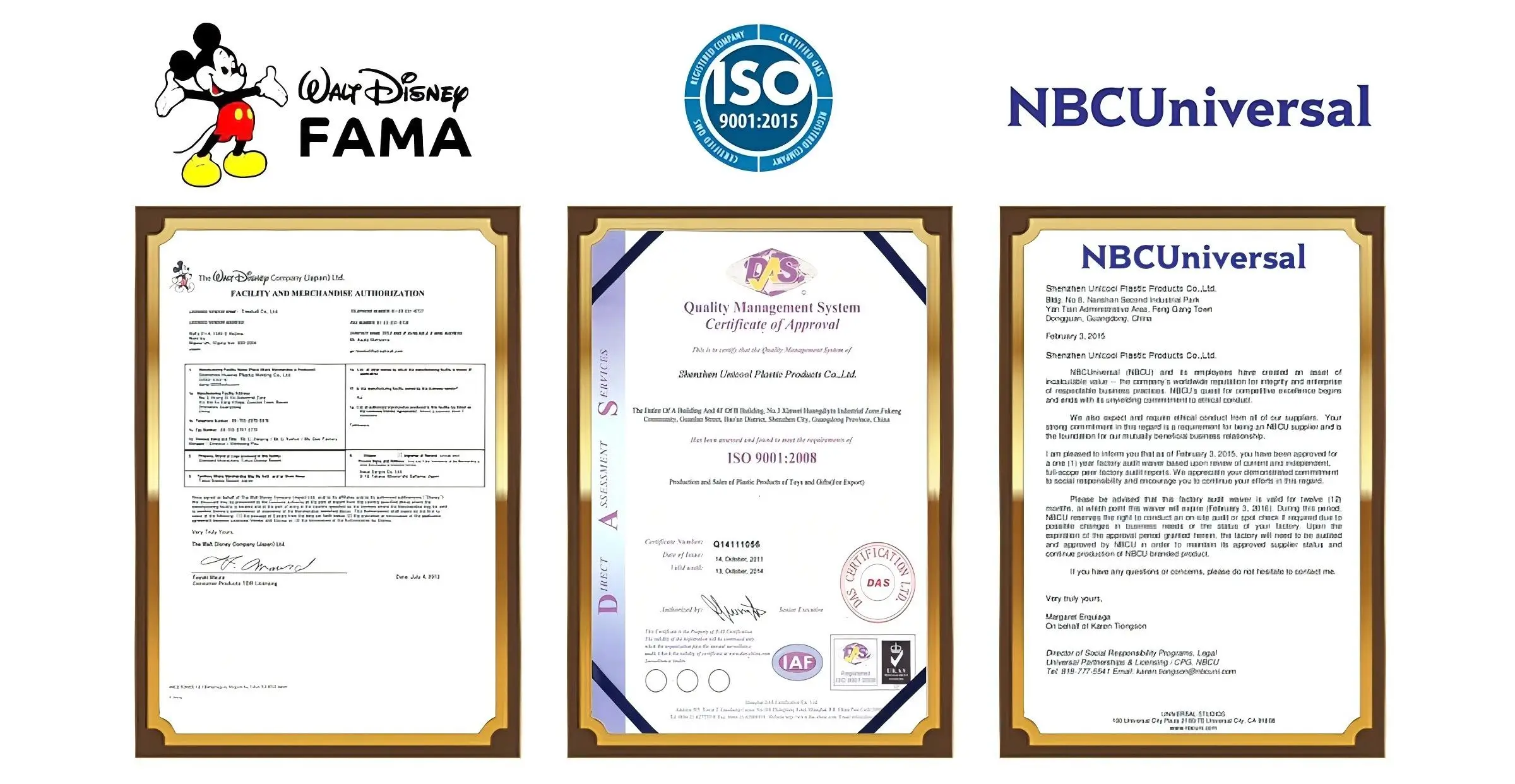 Disney FAMA facility authorization, ISO 9001:2015 quality management certificate, and NBCUniversal approved supplier letter