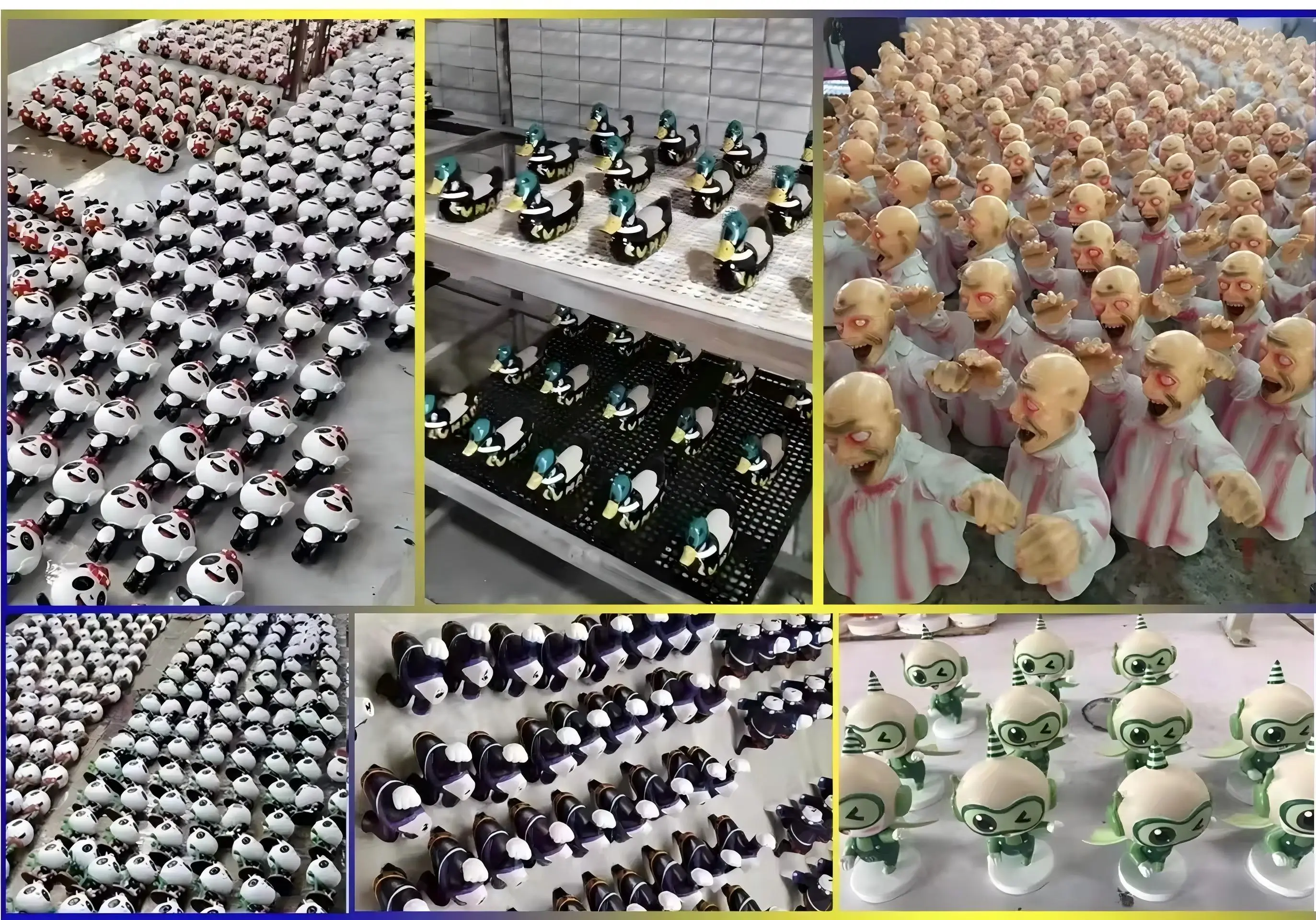 Mass production of custom vinyl toy figures – rows of painted figurines on factory production lines