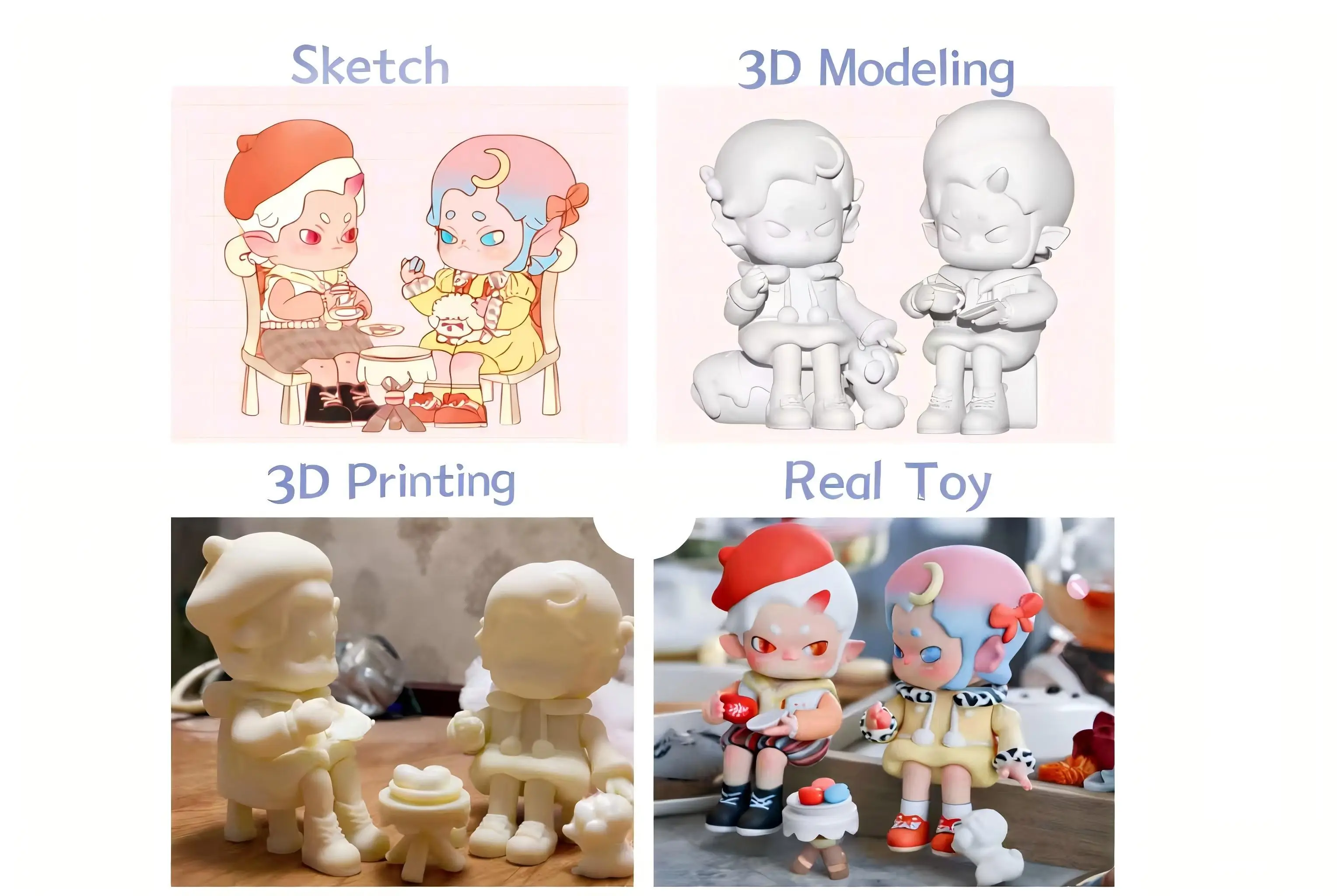 Custom toy development process from sketch to 3D modeling to 3D printing to finished toy