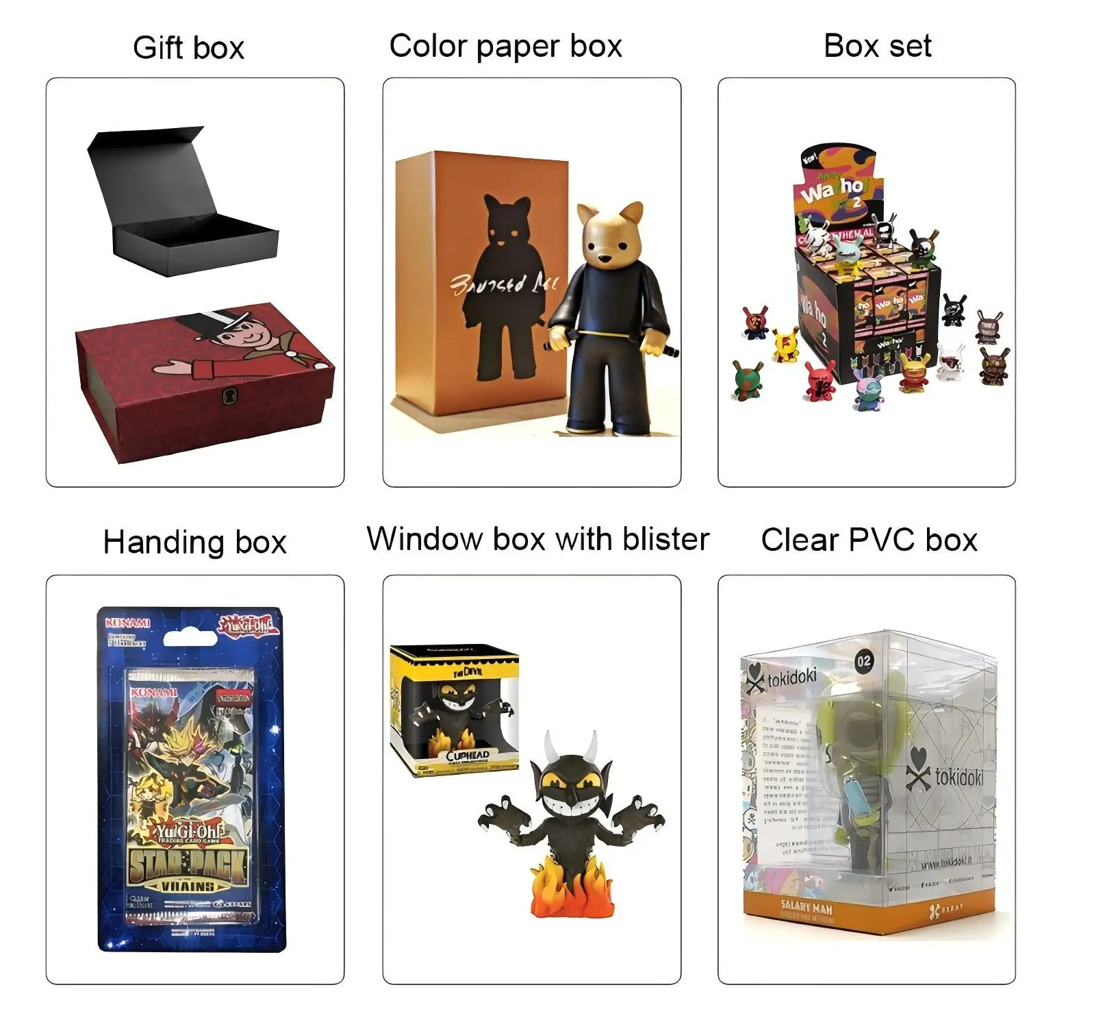 Toy packaging options – gift box, color paper box, box set, hanging box, window box with blister, clear PVC box